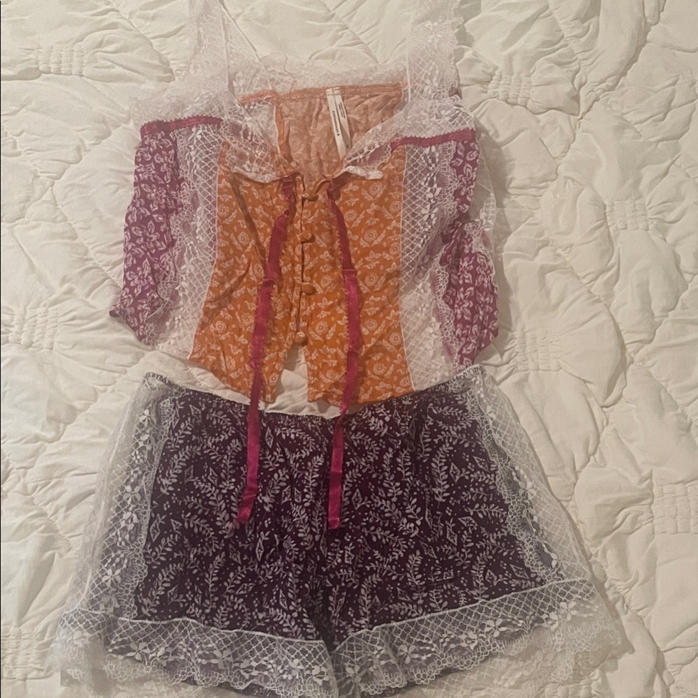 Anthropologie Lace Trim Floral Pajama Set
